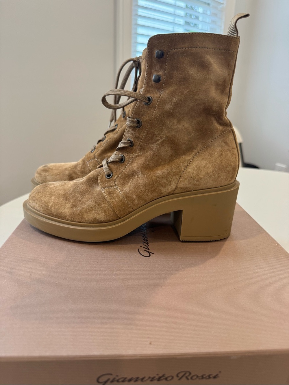 Gianvito Rossi Tan Suede Lace-Up Chunky Heel Boots
